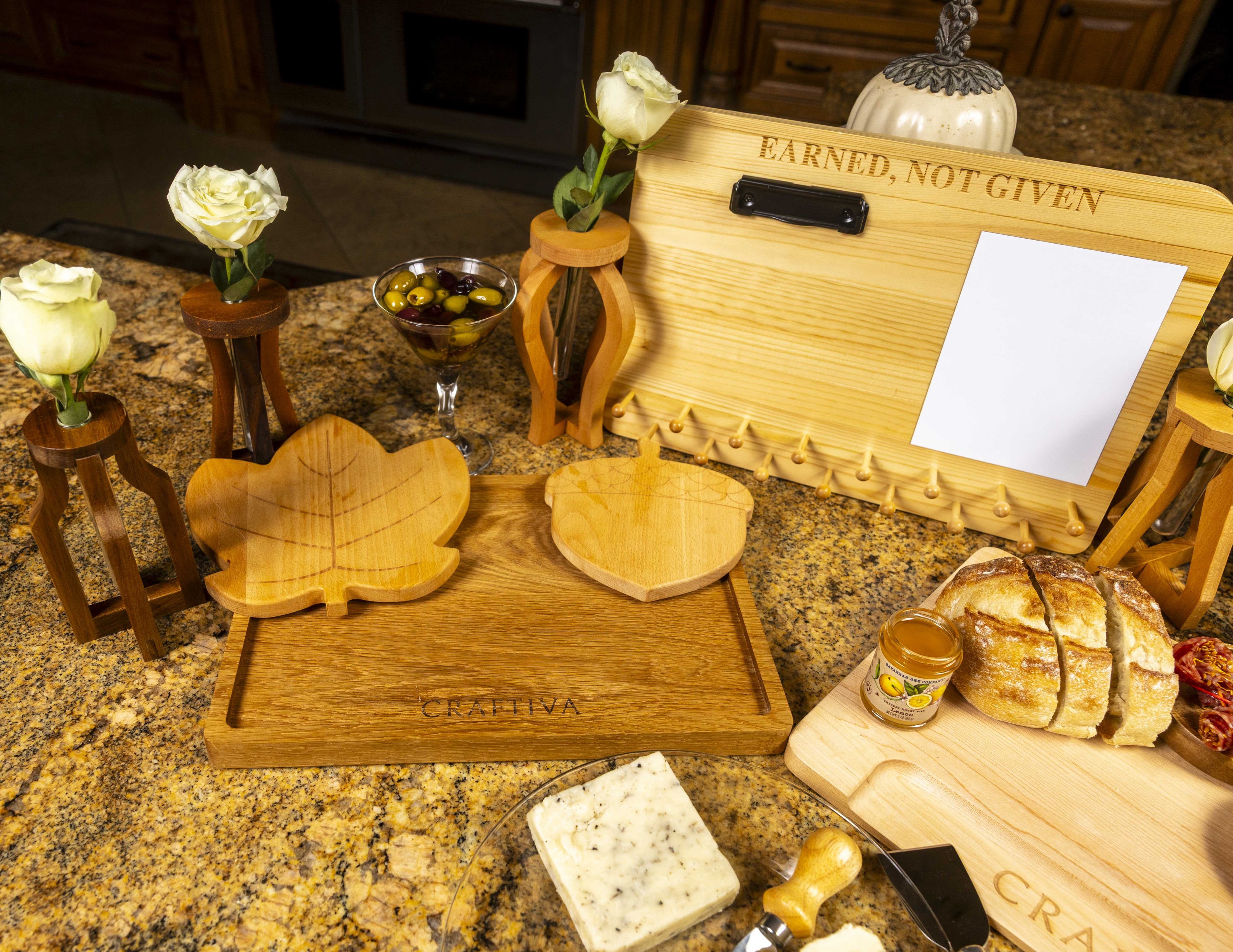 Craftiva wood objects gathered around a medal display in a warmly styled kitchen
