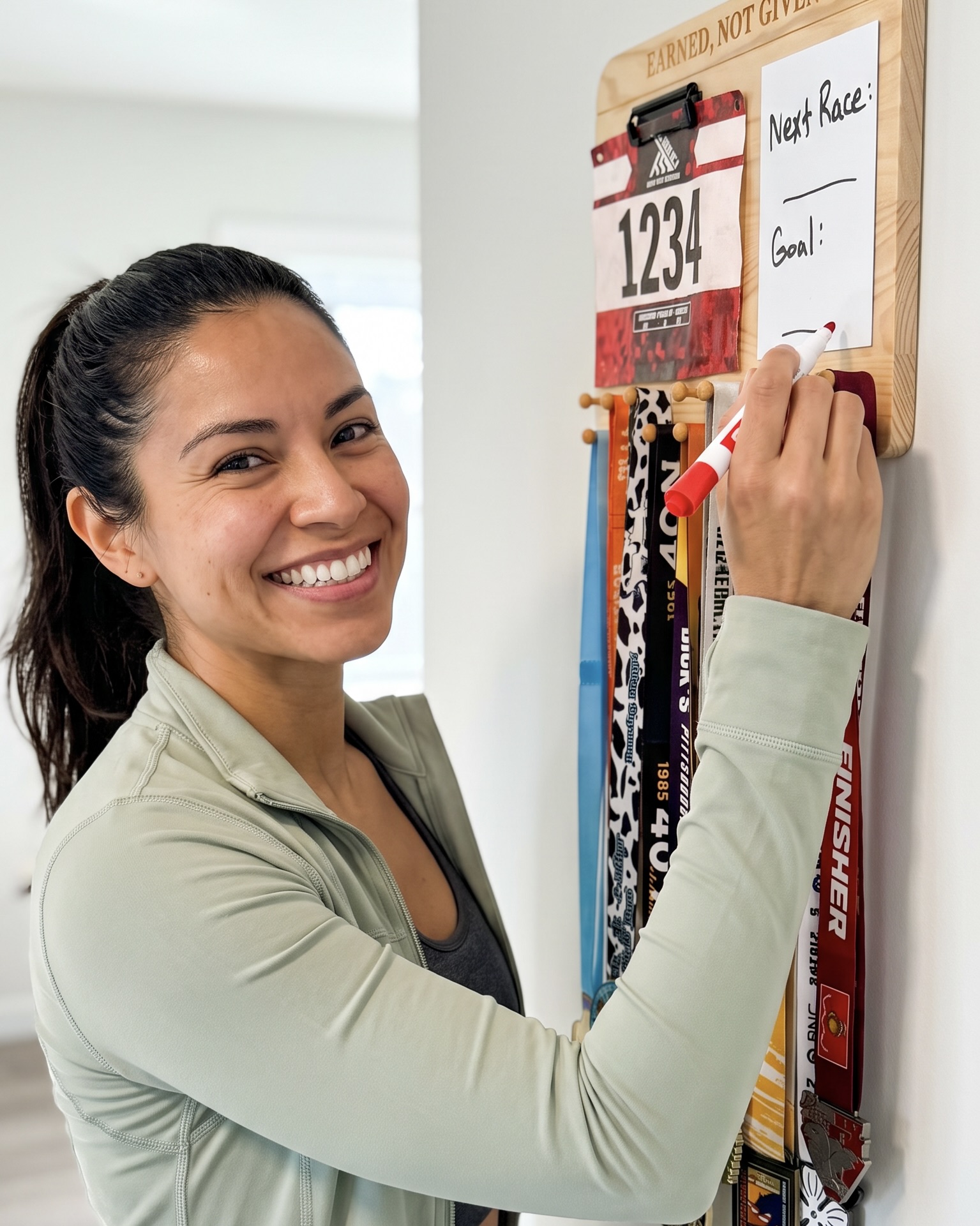 Athlete writing her next race goal on the medal display whiteboard