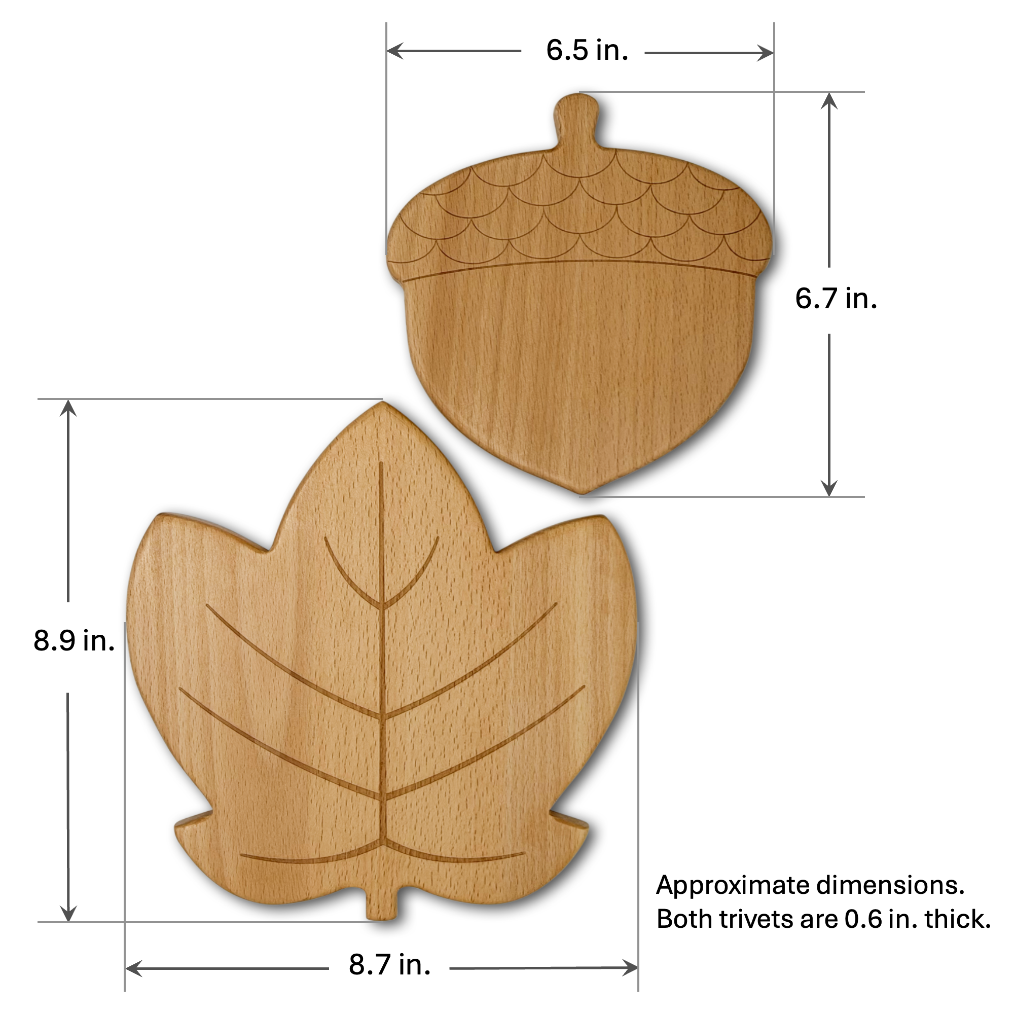 Annotated leaf and acorn trivets with approximate width, height, and thickness measurements
