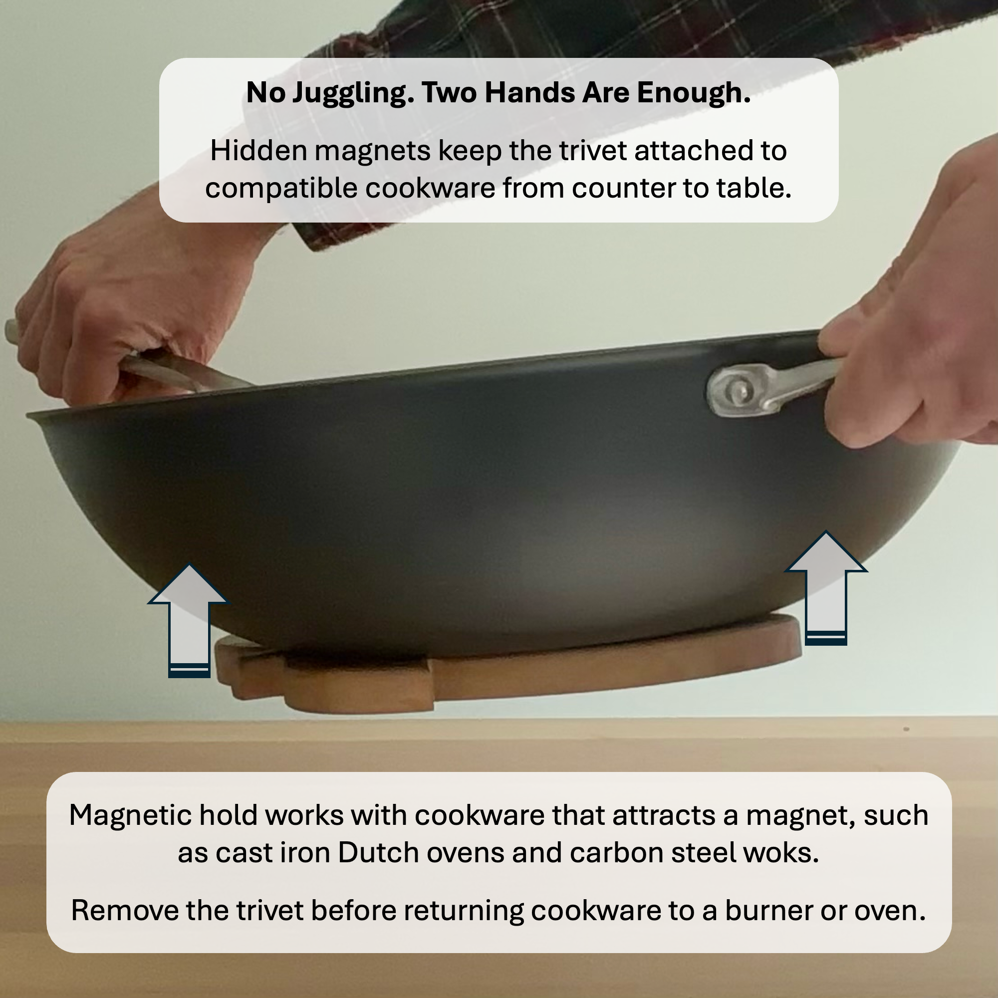 Wok lifted with a trivet attached and notes explaining cookware compatibility and safe use
