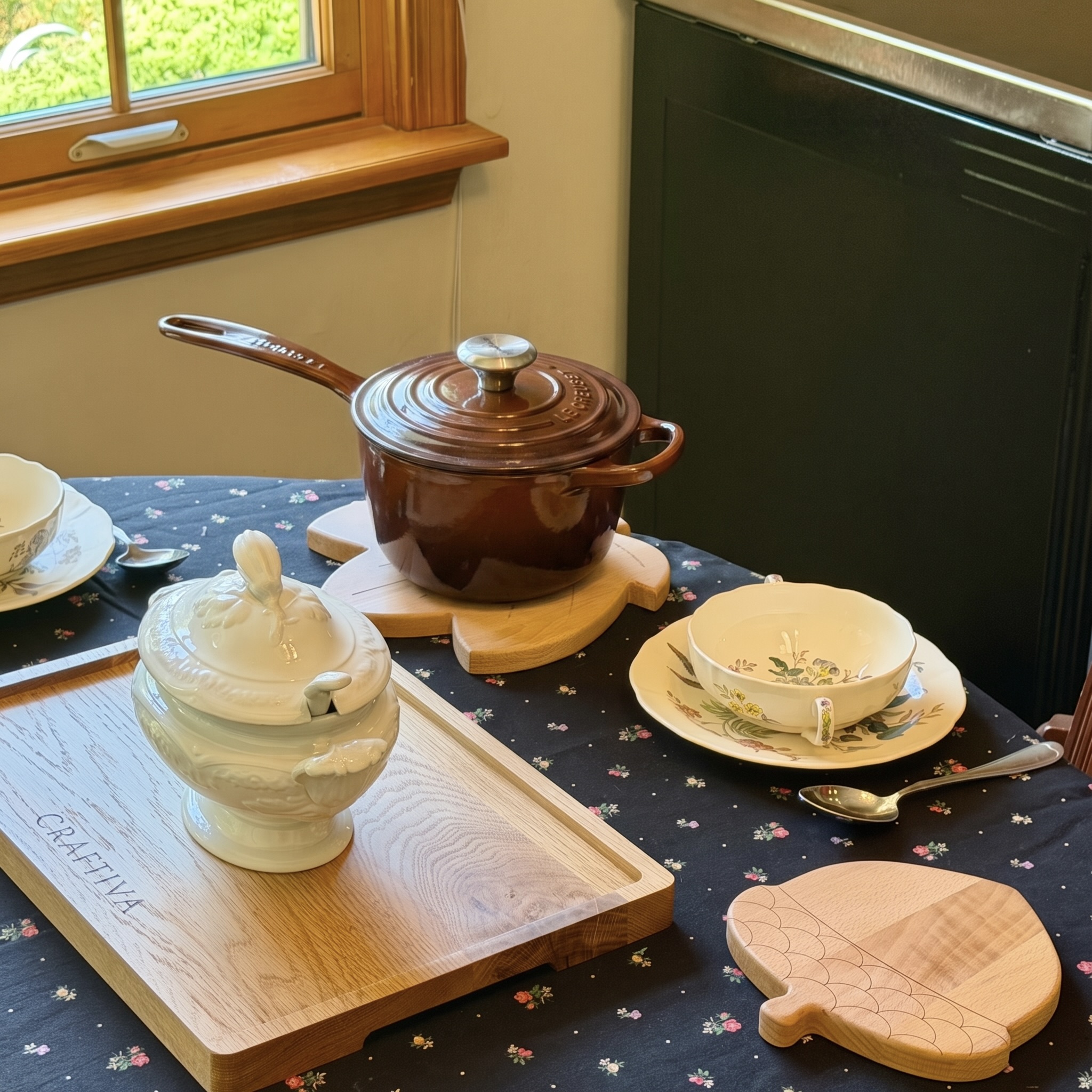 Leaf trivet supporting a brown saucepan on a table with the acorn trivet nearby