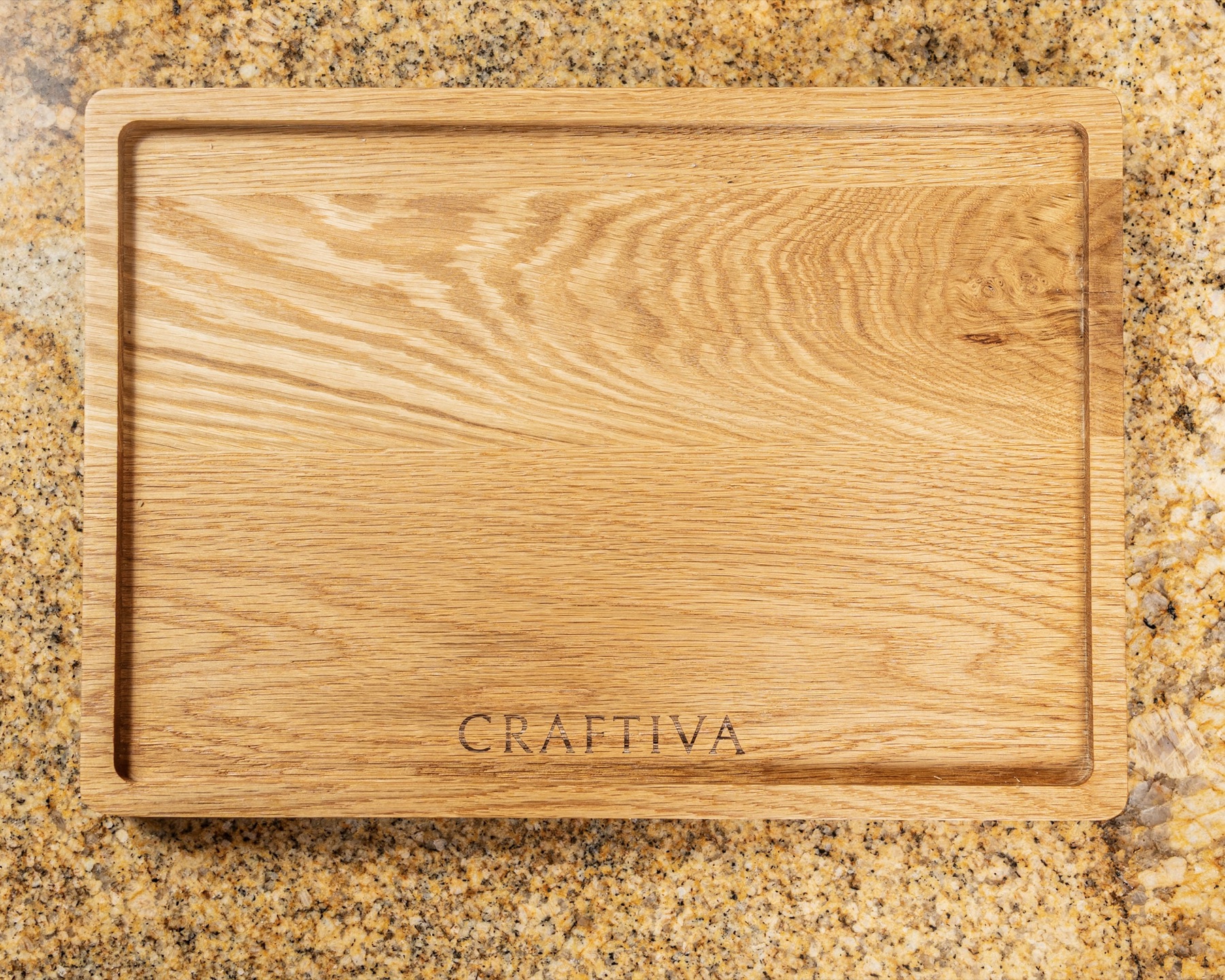 Solid oak serving tray photographed from above